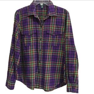 Lauren Ralph Lauren Jeans Co Women L Purple Plaid Button Front Shirt Blouse Top